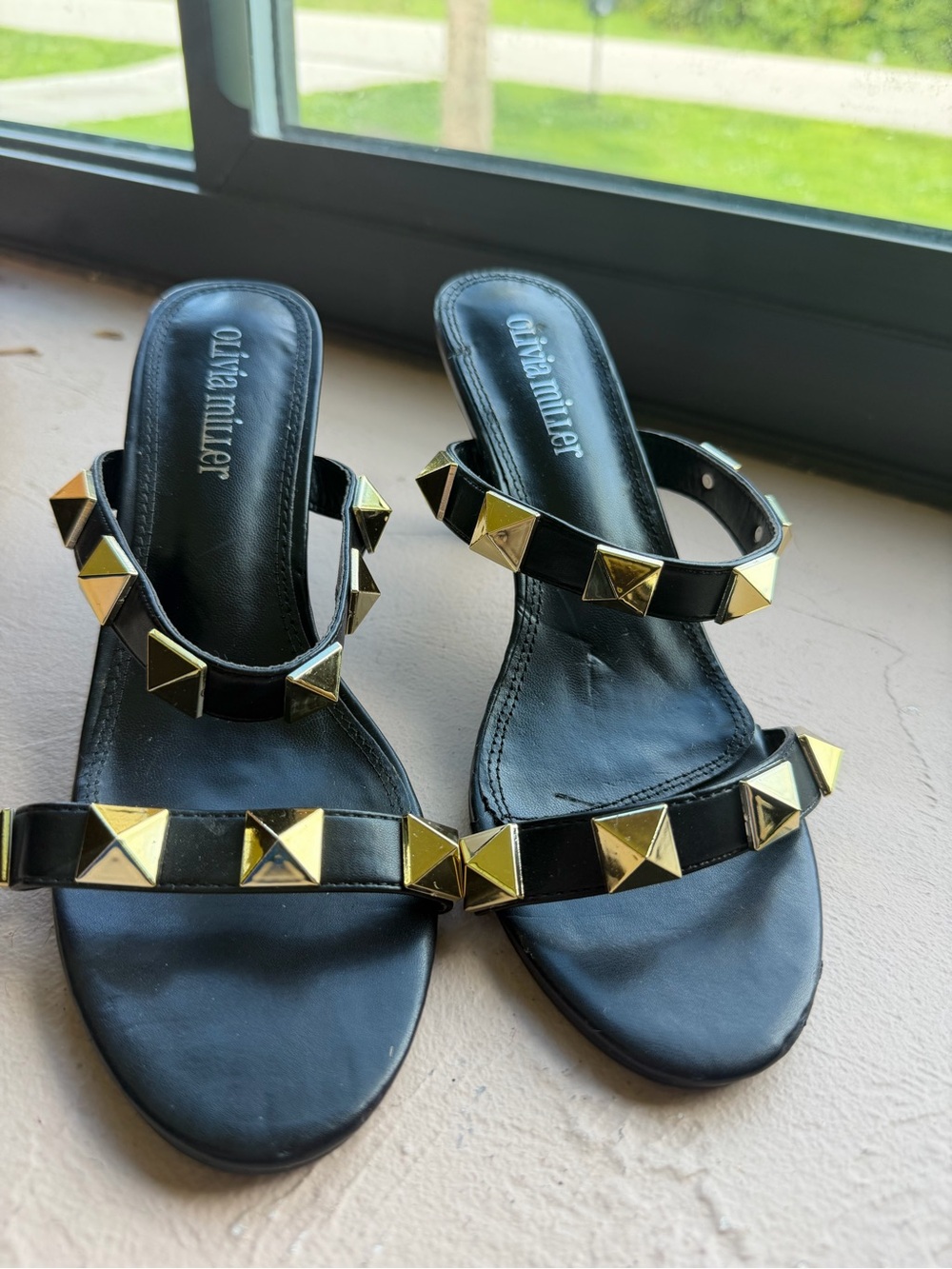 Olivia Miller Black Leather Slide Sandals with Gold Studs Size 6.5